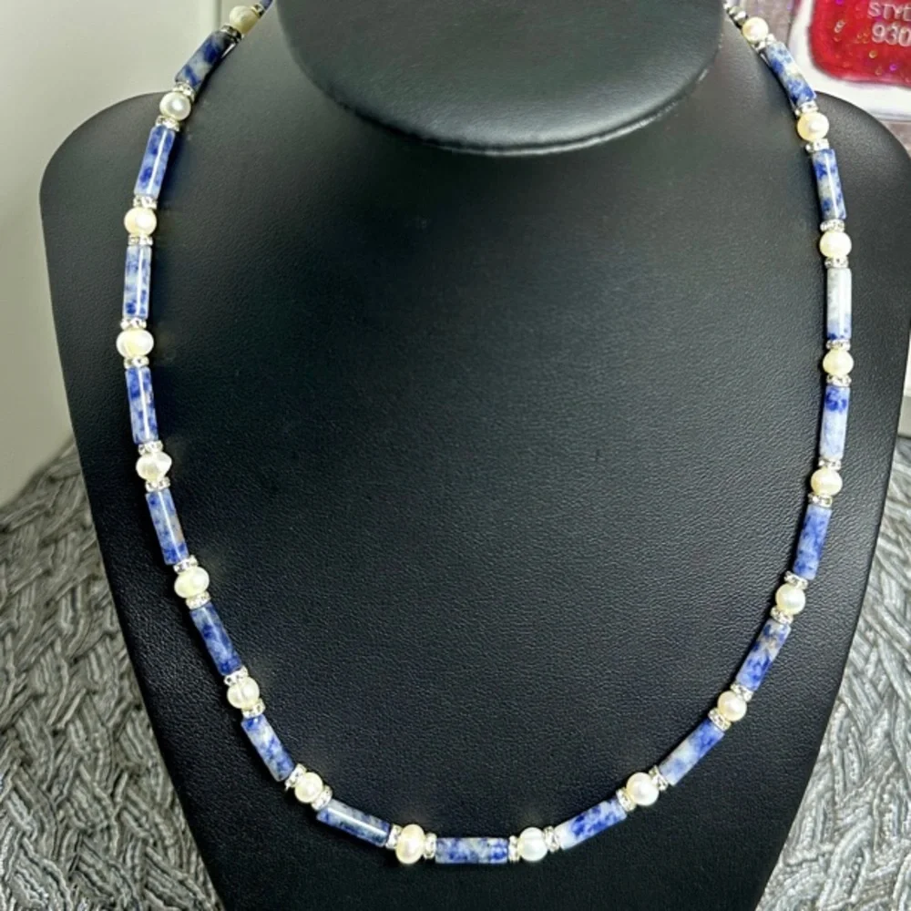 Natural Blue Spot Jasper & Natural Pearl Beaded Necklace